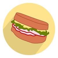 Ham sandwich flat vector color icon on a round yellow backgrounds