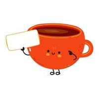 Cute funny cup of coffee with poster character. Vector hand drawn cartoon kawaii character illustration icon. Isolated on white background. Cup of coffee character concept