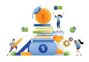 Design of piles of books tucked away in sacks and coins with a toga on top. education and learning tuition. Illustration for landing page website banner mobile apps web social media brochure ads etc vector