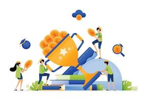 Design of students take money in trophy. outstanding students receive scholarship support for tuition fees. Illustration for landing page website poster mobile apps web social media brochure ads etc vector