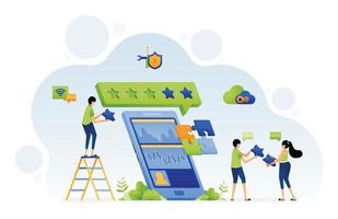 Mobile apps to analyze ratings and feedback given by users and solve problems with teamwork. Vector illustration design can use for landing page template ui ux web social media poster banner website