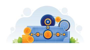 Vector design of money with gear in factory metaphor of mechanism in financial investment and banking system. Illustration can be for landing page website web poster banner mobile app social media ads