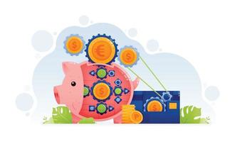 Design of piggy bank with gear rotates a coin on a credit card metaphor of a large peg from a pole. Waste on debt. Illustration can be for landing page website web poster banner mobile apps flyer ads vector