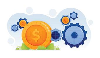 Design of gear outside coin turning inside of big coin metaphor of moving economy and growing financial transaction. Illustration can be for landing page website web poster banner mobile apps flyer ad vector