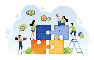 Illustration of people try find solutions and solve problem in manufacturing and tech industry by brainstorming. Design can be for landing page website poster banner mobile apps web social media ads vector