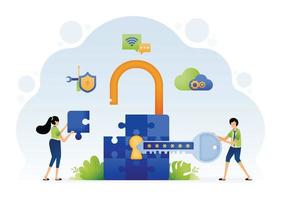 Illustration of people trying to solve the puzzle of security problems with data security and encryption technology. Design can be for landing page website poster banner mobile apps web social media vector