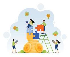 Illustration of people trying to find solutions to puzzles piled on coins with money management and investment. Design can be for landing page website poster banner mobile apps web social media flyer vector