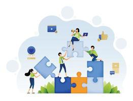 Illustration of people work together to find solutions and solve problems by brainstorming and collaboration. Design can be for landing page website poster banner flyer mobile app web social media ads vector
