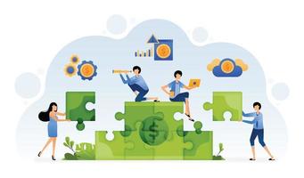 Illustration of people put together money puzzles to metaphorically solve financial problems by saving and investing. Design can be for landing page website poster banner mobile apps web social media