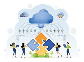 Illustration of people assisted by artificial intelligence solve puzzle problems with machine learning in cloud databases. Design can be for landing page website banner mobile app web social media ads vector