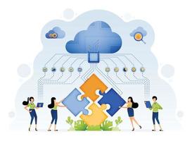 Illustration of people assisted by artificial intelligence solve puzzle problems with machine learning in cloud databases. Design can be for landing page website banner mobile app web social media ads vector