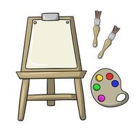 A set of icons, drawing tools, a wooden easel with paints and brushes, a vector illustration in cartoon style on a white background