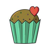 Chocolate cupcake with multicolored round sugar crumbs and a heart, vector illustration in cartoon style on a white background