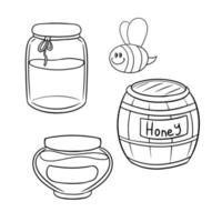 A set of monochrome pictures, honey collection, containers with honey, vector illustration in cartoon style on a white background