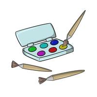 un conjunto de imágenes, pinceles y una caja cuadrada con pinturas de acuarela, regreso a la escuela, herramientas de dibujo, ilustración de dibujos animados vectoriales en un fondo blanco vector