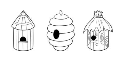 A set of monochrome pictures, a house for bees, a collection of honey, a vector illustration in cartoon style on a white background