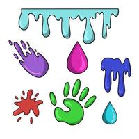 A set of different colored paint spots, blots, spilled paint, vector cartoon illustration on a white background