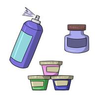 A set of different colorful jars with paints, vector illustration in cartoon style on a white background