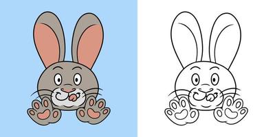 Horizontal picture for coloring book, Funny cute rabbit smiling and licking his lips, vector illustration in cartoon style