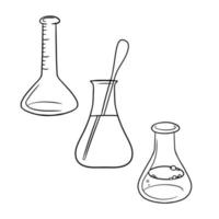 Monochrome Set of various triangular glass flasks with a solution for experiments, vector cartoon illustration on a white background