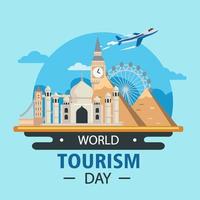 World Tourism Day. The inscription on the globe. Around the monuments of architecture. Flat vector illustration