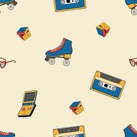 Seamless pattern retro elements. Rollers, skate, cassette, sunglasses, game. Trendy oldschool vector graphic