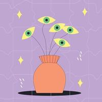 flowers-eyes in a vase on an abstract background. Surreal psychedelic vector illustration.