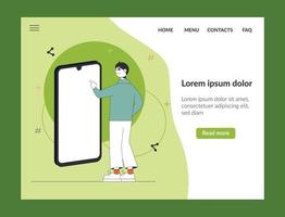 el hombre feliz muestra la pantalla del teléfono inteligente. concepto de personas y aparatos. plantilla de visualización de teléfono inteligente para sitio web o anuncio. plantilla web de página de destino. diseño de páginas web. vector