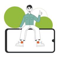 Happy man sit on smartphone. People and gadgets concept. Smartphone display template for website or ad vector