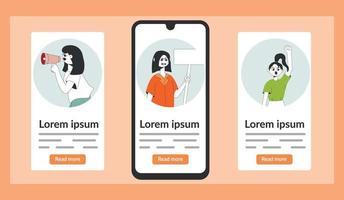 Set of onboarding screens user interface kit, mobile app templates concept with protesting woman. Modern UX, UI screen for mobile or responsive web site. vector