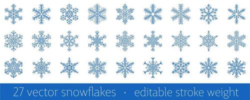 conjunto de 27 íconos de copos de nieve azules - un símbolo de las vacaciones de invierno vector