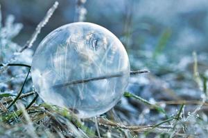 soap bubble on which ice crystals have formed due to the frost. in the light of the setting sun. photo