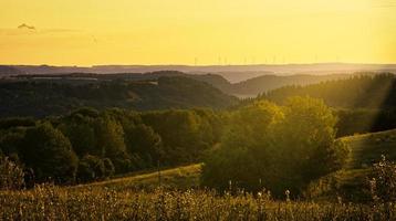 Sunset in Saarland on a meadow with trees and view into the valley. warm atmosphere photo