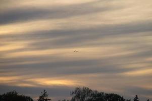 Plane in the evening sky in luminous horizon. It goes on vacation photo