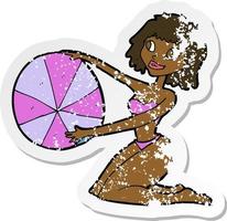 pegatina retro angustiada de una chica de bikini de dibujos animados con pelota de playa vector