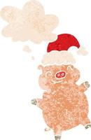 cartoon happy christmas pig and thought bubble in retro textured style vector