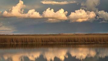 The Bodden landscape of Zingst with dramatic sky and reflection in the water photo