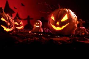 Halloween pumpkins of nightly spooky forest and Castle photo