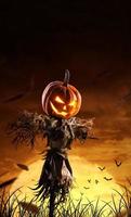halloween pumpkin scarecrow on a wide field with the moon on a scary night photo