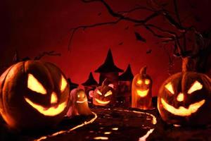 Halloween pumpkins of nightly spooky forest and Castle photo