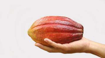 Ripe red orange yellow cocoa pod held by a young asian hand isolated on white background. Cacao pod or Theobroma cacao L. is a cultivated tree in plantations. Fresh cocoa harvesting. photo