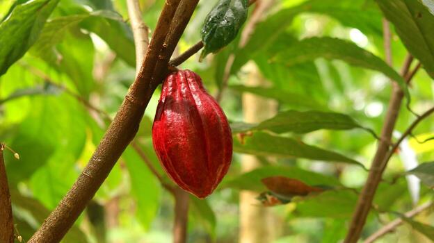 Red cocoa pod on tree in the field. Cocoa or Theobroma cacao L. is a cultivated tree in plantations originating from South America, but is now grown in various tropical areas. Java, Indonesia. photo