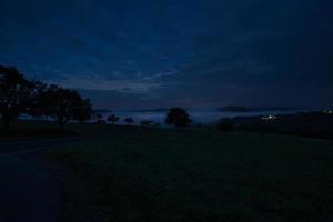 road with trees and meadows at blue hour in the evening photo