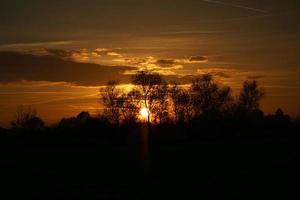 puesta de sol con cielo ardiente detrás de los árboles. foto