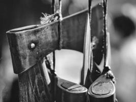 an axe from a medieval market depicted in black and white photo