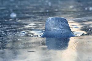 Ice pieces on a lake at sunset in winter atmosphere photo