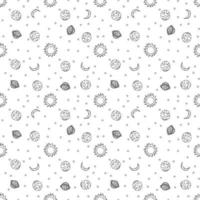 Seamless space pattern. Cosmos background. Doodle vector space illustration with planets, stars, moon, sun