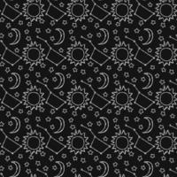 Cosmos background. Doodle vector space illustration with moon, stars and sun Seamless space pattern