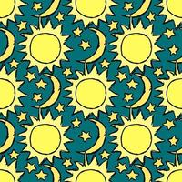 Doodle vector space illustration with moon, stars and sun Seamless space pattern. Cosmos background