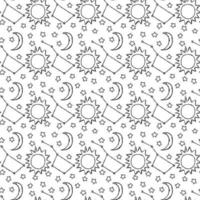 Cosmos background. Doodle vector space illustration with moon, stars and sun Seamless space pattern